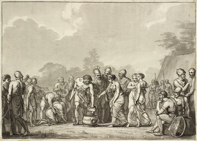 Tomyris, hieronnan kuningatar, heittää Cyrusin pään verialtaaseen tekijältä Christoffer Wilhelm Eckersberg
