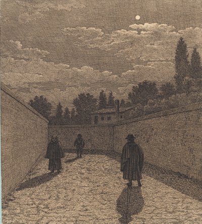 Kuunvalo tien yli, jossa on kolme hahmoa. Kuva "Lineaarinen perspektiivi", levy IV tekijältä Christoffer Wilhelm Eckersberg