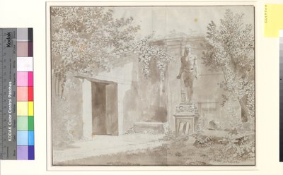 Tontti oletettavasti Palazzo Barberinin puutarhasta, jossa on egyptiläistyylinen Antinous-patsas, Rooma tekijältä Christoffer Wilhelm Eckersberg