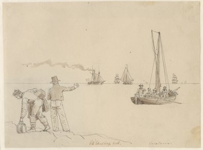 Matkustajat siirretään höyrylaivaan Caledonia. tekijältä Christoffer Wilhelm Eckersberg