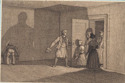 Matkustajille näytetään heidän huoneensa. Kuva "Lineaarinen perspektiivi", levy VIII tekijältä Christoffer Wilhelm Eckersberg