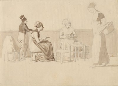Kohtaus maatilalta tai laiturilta Pariisissa. Neljä istuvaa, seisovaa ja kävelevää hahmoa. tekijältä Christoffer Wilhelm Eckersberg