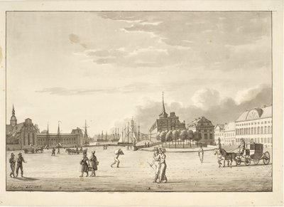 Kööpenhaminan Linnaaukio ja Holmenin kirkko, Børsen, nyt kadonnut pankki- ja kansliarakennus ("Punainen rakennus") tekijältä Christoffer Wilhelm Eckersberg