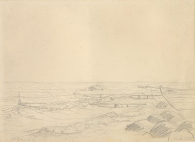 Ranta-alue, jossa aallot törmäävät kallioihin ja laituri. tekijältä Christoffer Wilhelm Eckersberg