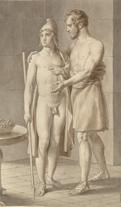 Telemachos tapaa Odysseuksen kerjäläiseksi naamioituneena paimen Eumaios - Odysseus luona; fragmentti koko sävellyksestä. tekijältä Christoffer Wilhelm Eckersberg