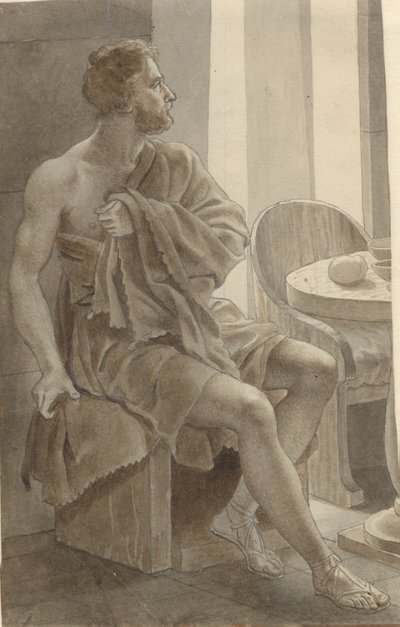 Telemachos tapaa Odysseuksen kerjäläiseksi naamioituneena paimen Eumaios - Odysseus luona; fragmentti koko sävellyksestä. tekijältä Christoffer Wilhelm Eckersberg