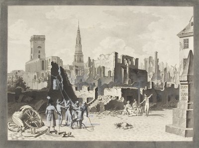 Ulfeldtin aukio, jota nykyään kutsutaan nimellä Gråbrødertorv, brittiläisen pommituksen jälkeen syyskuussa 1807 tekijältä Christoffer Wilhelm Eckersberg