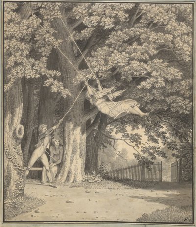 Skjoldnæsholmin metsät nuoren miehen kanssa, joka heilauttaa nuorta tyttöä tekijältä Christoffer Wilhelm Eckersberg