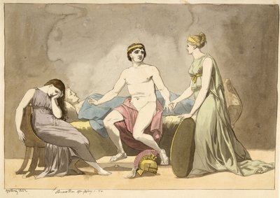 Thetis tuo aseita Akhilleukselle, joka suree Patroklosin ruumista tekijältä Christoffer Wilhelm Eckersberg
