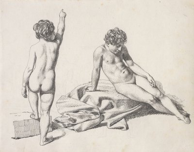 Dues nenes nues, una asseguda per davant i l