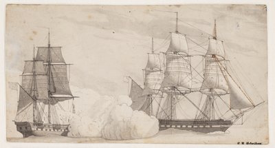 Kaksi sotalaivaa taistelussa (englannin fregatti Shannon ja amerikkalainen fregatti Chesapeak?) tekijältä Christoffer Wilhelm Eckersberg