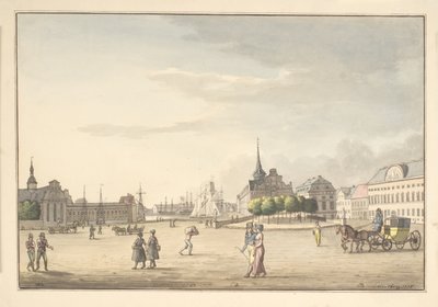Näkymä Slotspladsenista kohti Børsenia ja pankkia tekijältä Christoffer Wilhelm Eckersberg