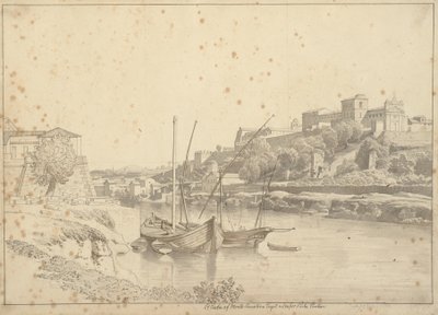 Näkymä Tiberistä Porto di Ripa Grandessa Porta Portesen ulkopuolella kohti Marmorataa ja Monte Aventinon kirkkoja, Rooma tekijältä Christoffer Wilhelm Eckersberg