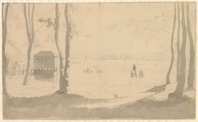 Näkymä järvelle, vasemmalla kylpylä, keskustassa ratsastajat juottavat hevosia, etualalla metsää tekijältä Christoffer Wilhelm Eckersberg