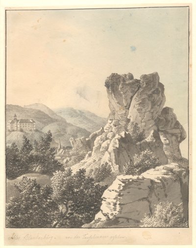 Näkymä Harzenista, Teufelsmauerista, taustalla Blankenburgin linna tekijältä Christoffer Wilhelm Eckersberg