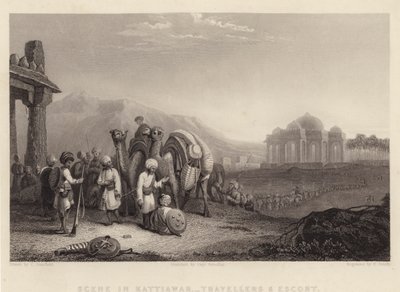 Kohtaus Kattiawarissa, Travelers and Escort (kaiverrus) tekijältä C. (after) Stanfield