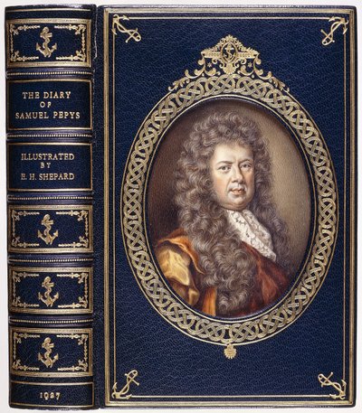 Samuel Pepysin päiväkirja -kirjan kansi, jossa on soikea muotokuva Samuel Pepysistä tekijältä C. B. Currie