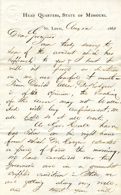 Kirje allekirjoitettu C.C. Bailey, Head Quarters, Missourin osavaltio, St.Louis, kuvernöörille [Hamilton R.Gamble], 12. elokuuta 1863 tekijältä C. C. Bailey