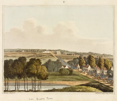 Les Quatre Bras, teoksesta "Historiallinen kertomus Waterloon taistelusta", kaiverrus James Rouse, 1817 (värillinen akvatinta) tekijältä C. C. Hamilton