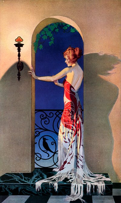 Muodikas 1920-luvun nainen Espanjassa, n. 1925 (silkkipainatus) tekijältä C. Coles Phillips