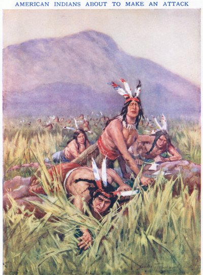 Amerikan intiaanit hyökkäämässä (väri litho) tekijältä C. Dudley Tennant