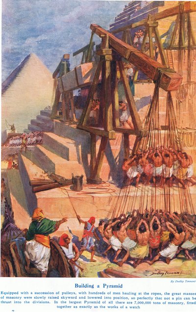 Pyramidin rakentaminen, kuvitus "Wonders of Land and Sea" -julkaisusta, julkaisija Cassell, Lontoo tekijältä C. Dudley Tennant