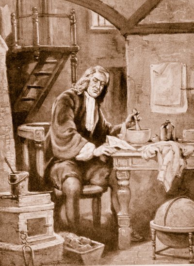 Sir Isaac Newton pienessä huoneessaan tekijältä C. Dudley Tennant