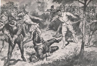Amiraali, jota seurasi hänen puolueensa, juoksi päätä huipulle Vera Cruzin vartijalle, kuvitus teoksesta "British Battles on Land and Sea", julkaisija Cassell, Lontoo, n. 1910 (litho) tekijältä C. Dudley Tennant