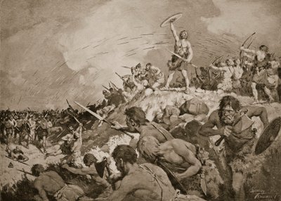 Mons Badonicuksen taistelu, noin 500 jKr, kuvitus teoksesta "Kansakunnan historia" (litho) tekijältä C. Dudley Tennant
