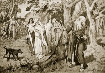 Kennethin ja Fenellan tapaaminen, 993, kuvitus "Hutchinsonin tarinasta brittiläisestä kansasta", n. 1920 (litho) tekijältä C. Dudley Tennant