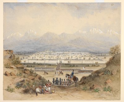 Kenraali, joka arvioi ratsuväkeä ja jalkaväkeä, jotka ovat saapumassa muurien ympäröimään kaupunkiin vuoristoisessa maassa, ehkä Kandaharissa (N.W.F.P.). 1843, aikaisemman luonnoksen jälkeen. tekijältä C. Graham