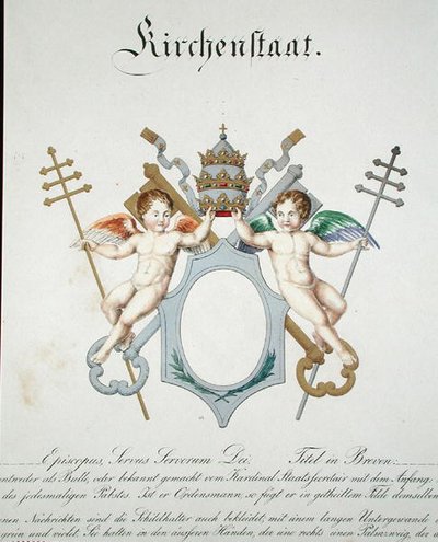 Vatikaanin kirkkovaltion käsivarret, Saksassa julkaistusta vesivärikokoelmasta, n. 1830-1833 (värilitho) tekijältä C. Hildebrandt