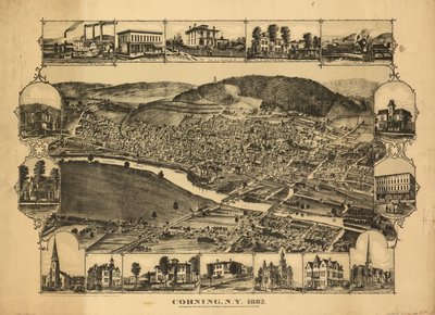 Corning, N.Y., 1882 - New York, Lake Erie and Western ja Syracuse, Geneva  Corning R.R:n LOC 88690691 risteys. tekijältä C. J. Philadelphia Publishing House; Corbin