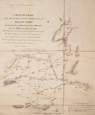 Sotilaskartta kenraalimajuri Medowsin komentaman suuren armeijan marsseista ja leireistä 26. toukokuuta ja 14. joulukuuta 1790 välisenä aikana. tekijältä C. Mackenzie