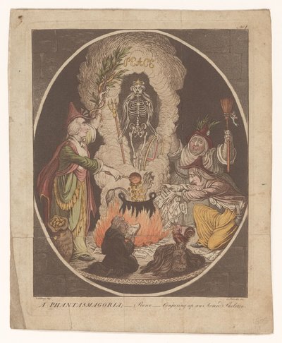 Sarjakuva Amiensin rauhasta, 1802 Fantasmagoria; - Kohtaus - Aseistetun luurangon loihtiminen (otsikko esineessä) tekijältä C. Starcke