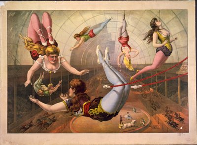 Naisakrobaatit trapetsilla sirkuksessa, c. 1890 tekijältä Calvert Litho. Co.
