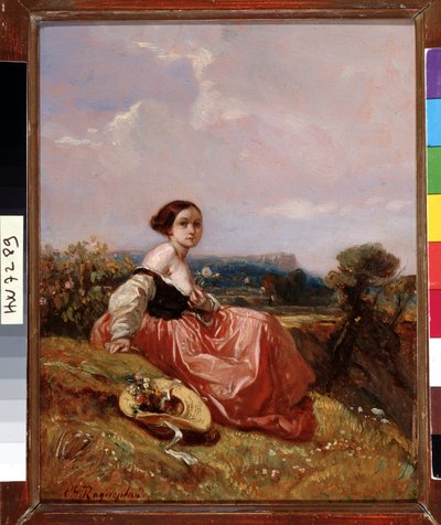 Nuori tyttö hatussa Sainte Mountain Victoire -maalauksen edessä Camille Roqueplan (1803-1855) Dim. 18x23 cm Pakollinen maininta: Kokoelman perustan terveisiä Provencesta, Marseillesta tekijältä Camille Joseph Etienne Roqueplan
