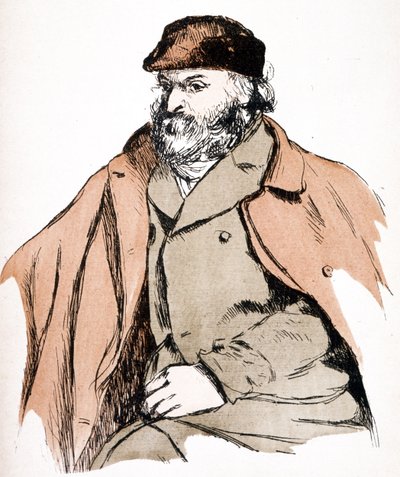 Kuvitusmuotokuva Paul Cezannesta (1839 - 1906), ranskalaisesta taiteilijasta ja postimpressionistisesta taidemaalarista. (kaiverrus) tekijältä Camille (after) Pissarro