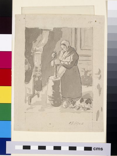 Kompositionaalinen tutkimus naispuolisesta talonpojasta, joka valmistaa voita (harmaa pesu ja kiinanvalkoinen mustalla liidulla paperille). tekijältä Camille Jacob Pissarro