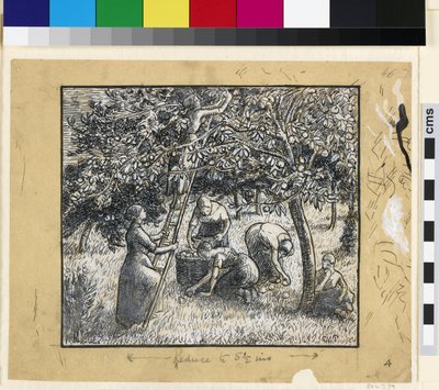 Kompositionaalinen tutkimus naispuolisista talonpojista keräämässä omenoita (kynä ja intianmuste, kiinanvalkoinen, paperilla). tekijältä Camille Jacob Pissarro