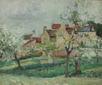 Flowering Plum Tress, Pontoise; Luumupuut kukkivat, Pontoise, n. 1876 tekijältä Camille Jacob Pissarro