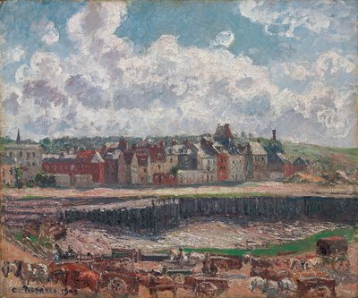 Hevoset ja kärryt kalasataman edessä, Dieppe, laskuveden aikaan; Hevoset ja kärryt kalastuslaiturin edessä, Dieppe, laskuvesi, 1902 tekijältä Camille Jacob Pissarro