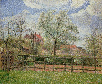 Päärynäpuut ja kukat Eragnyssa, Aamu, 1886 tekijältä Camille Jacob Pissarro