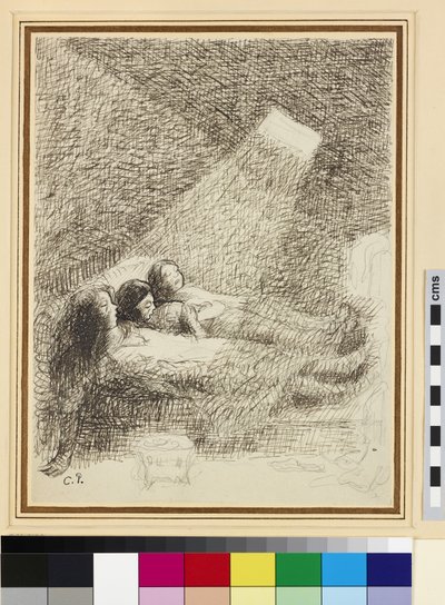 Asphysia-aiheinen luonnos (lyijykynä ja tussi lyijykynällä lasitetulle paperille) tekijältä Camille Jacob Pissarro
