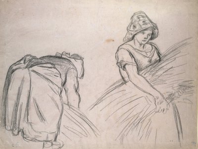 Tutkimus kahdesta naiskorjuukoneesta, 1882 (musta liitu vaaleanpunaisella paperilla valkoisella) tekijältä Camille Jacob Pissarro