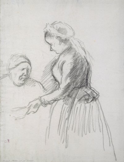 Tutkimus taiteilijan äidistä piikansa kanssa (hiili paperilla) tekijältä Camille Jacob Pissarro