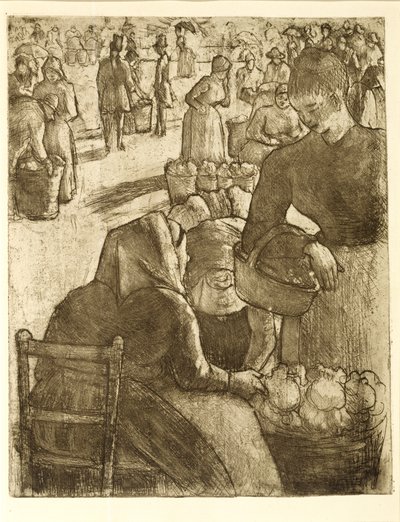 Pontoisen vihannestori, 1891 (pehmeä jauhettu etsaus ja akvatinta) tekijältä Camille Jacob Pissarro
