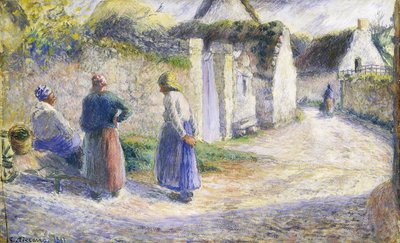 Village Street, jossa on kolme ihmistä oikealla tekijältä Camille Jacob Pissarro
