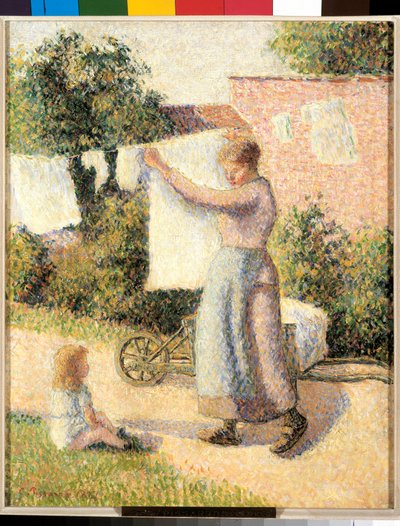 Nainen venyttää pellavaa Camille Pissarron maalaus (1830-1903) 1887. Dim. 0,41 x 0,32 m Pariisi, musee d
