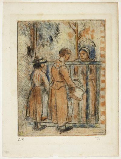 Kerjäläisnaiset, n.1894 (värikaiverrus, kuivapiste ja akvatintta norsunluun paperille). tekijältä Camille Pissarro